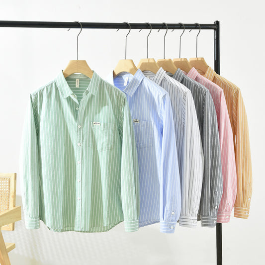 Simple Versatile Striped Oxford-cloth Long-sleeve Mens Casual Loose-fit Cotton Shirt