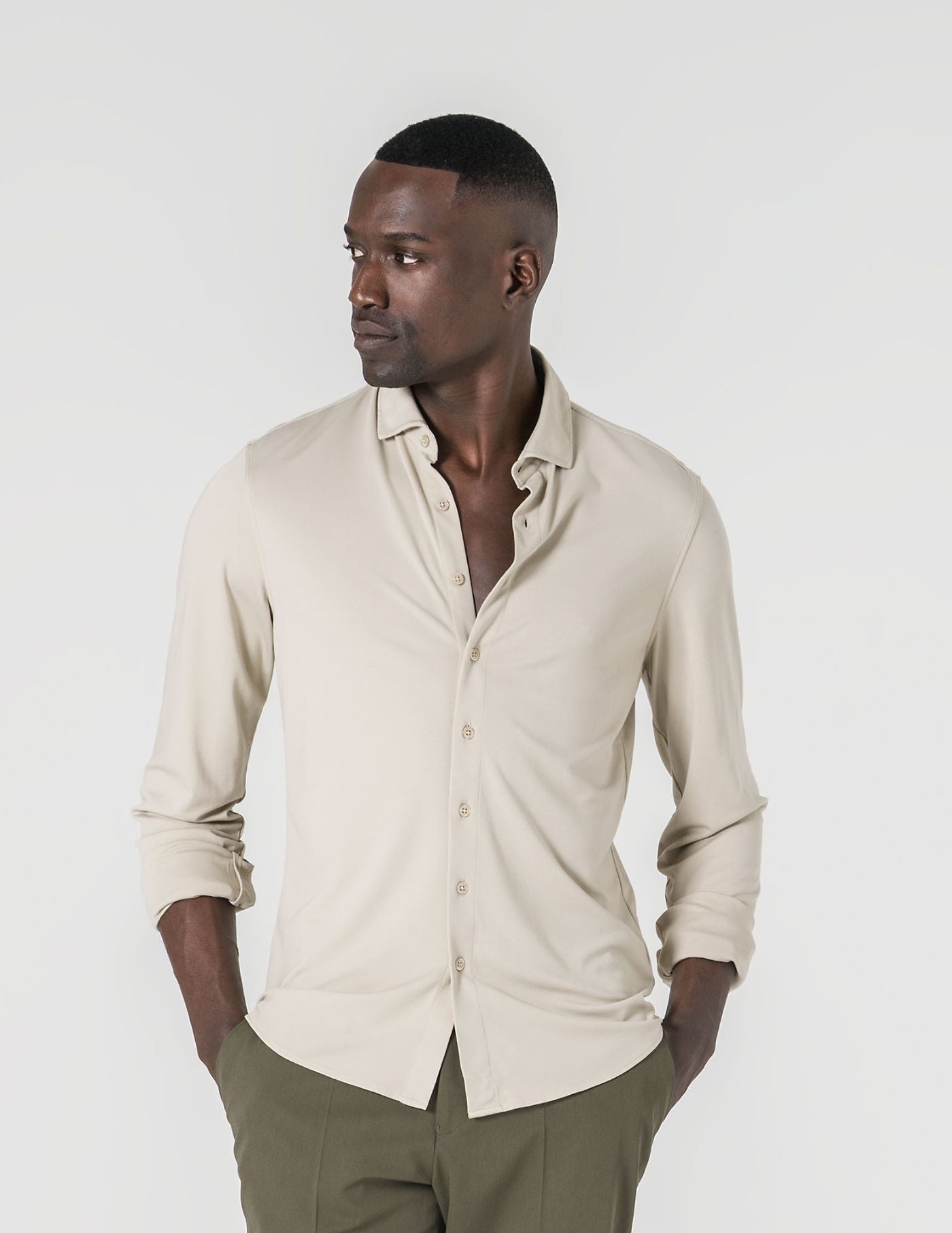 Camisa Malha Slim Fit Homem Bege em Algodão com Elastano