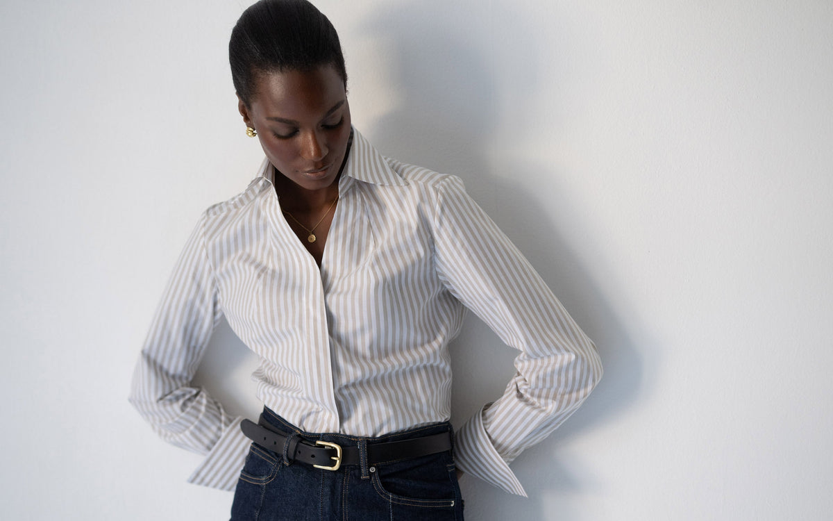 Camisa Madelena — Riscas bege | Popelina de algodão