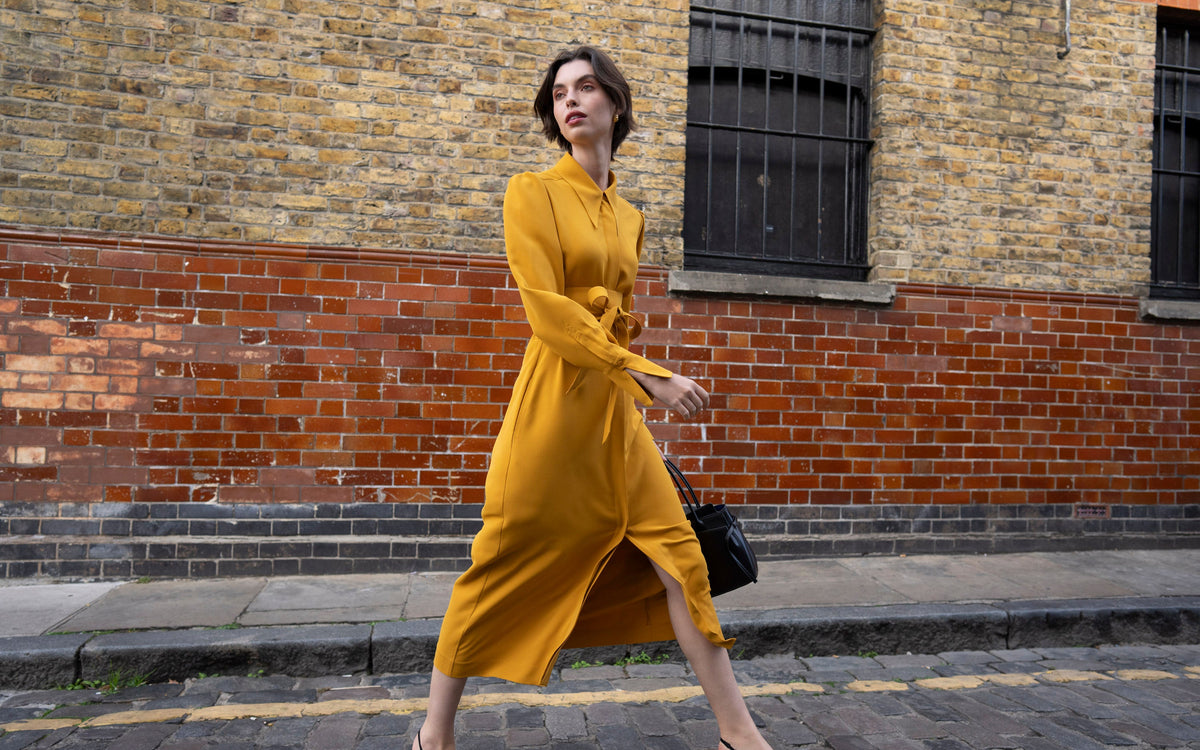 Vestido-camisa Allegra — Açafrão | Crepe suave