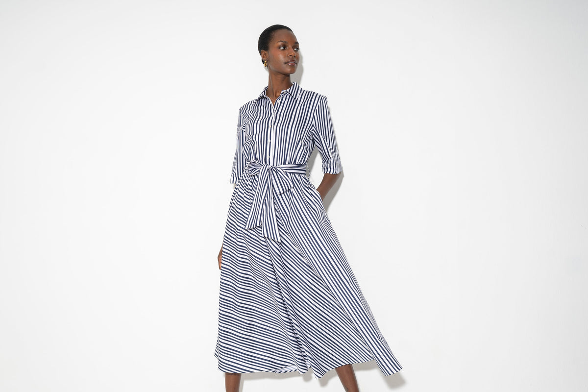 Vestido-camisa Le Marais — Riscas azul-marinho | Cetim de algodão