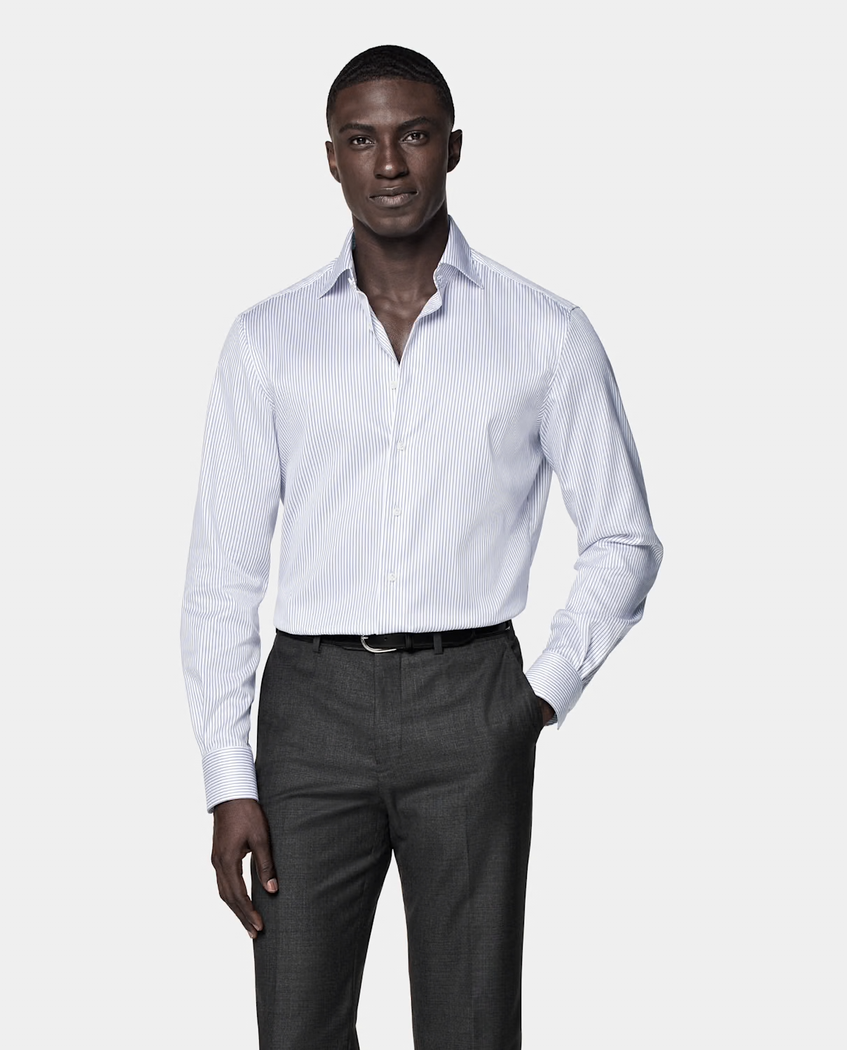 Camisa azul riscas com colarinho largo
