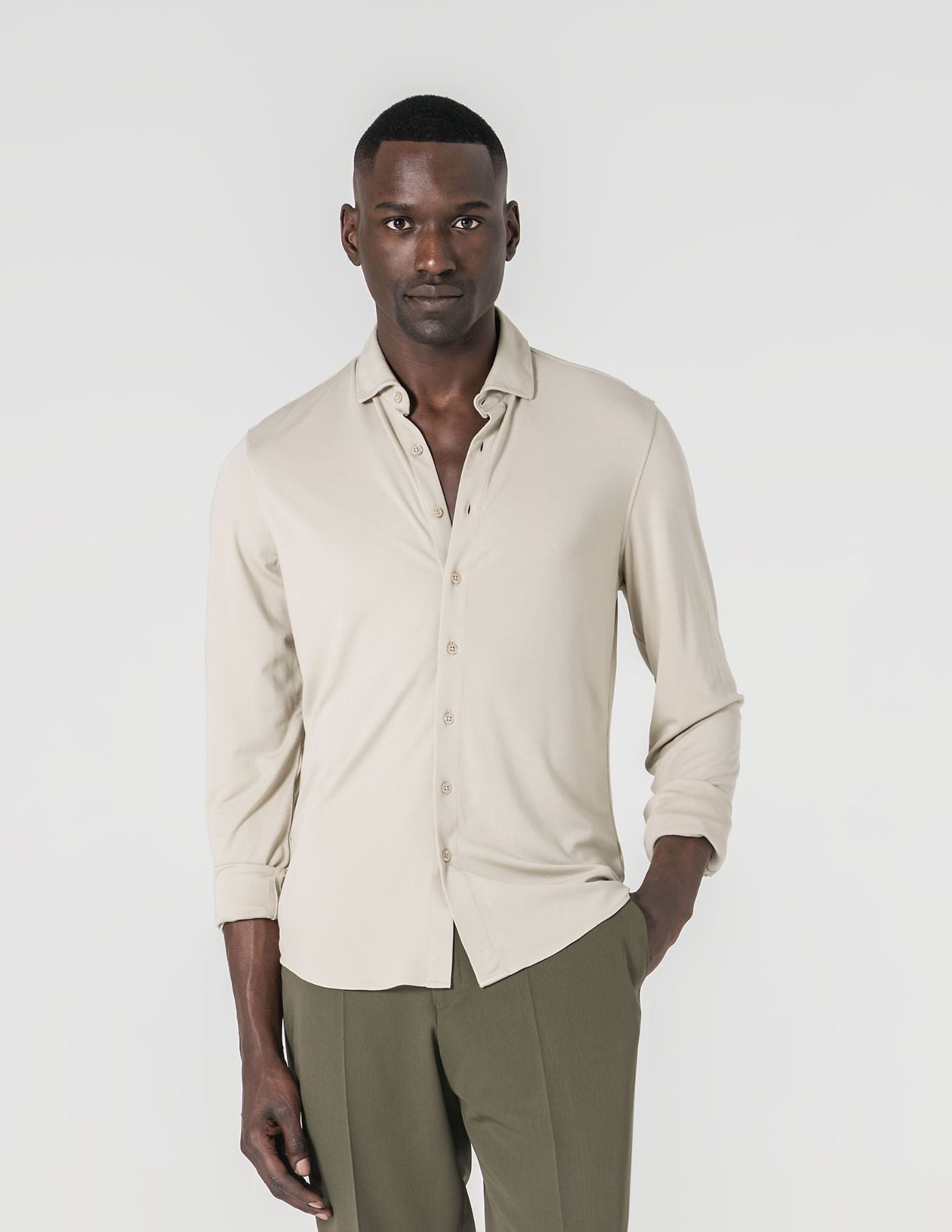 Camisa Malha Slim Fit Homem Bege em Algodão com Elastano