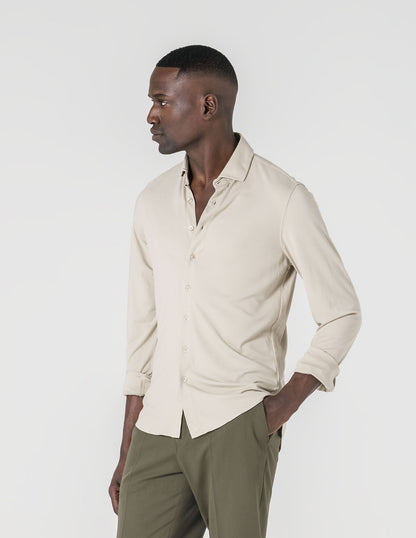 Camisa Malha Slim Fit Homem Bege em Algodão com Elastano