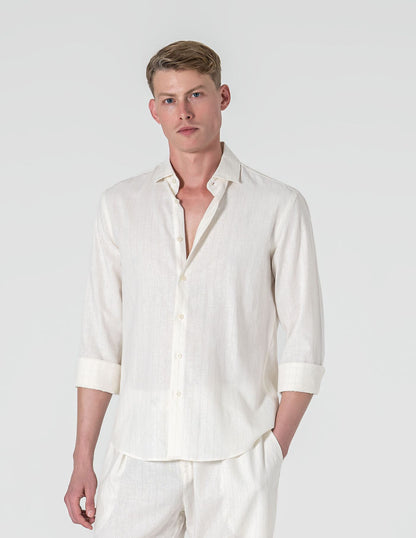 CAMISA DE LINHO BRANCA COM RISCA BEGE