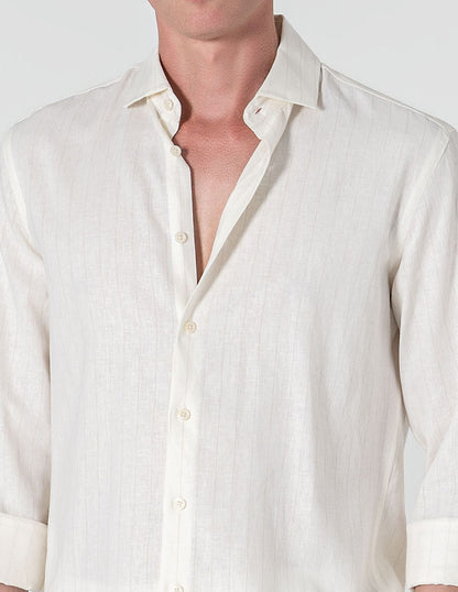 CAMISA DE LINHO BRANCA COM RISCA BEGE