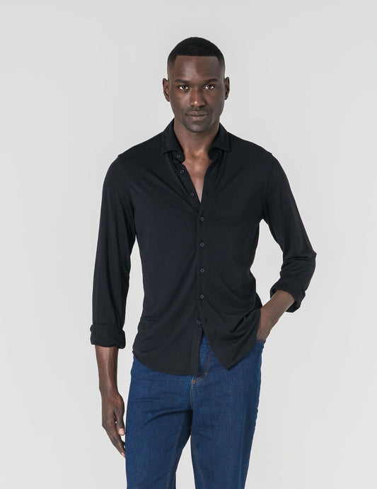 Camisa Malha Slim Fit Homem Preta em Algodão com Elastano