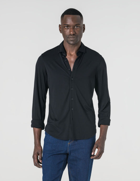 Camisa Malha Slim Fit Homem Preta em Algodão com Elastano