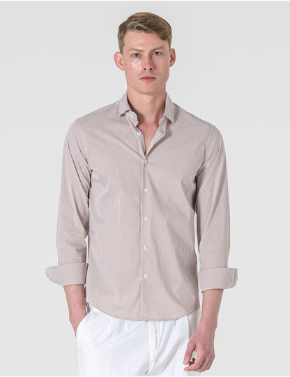 Camisa Slim Fit Soft Touch com Riscas Bege