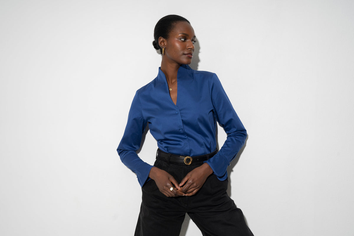 Camisa Aria — Azul-safira | Cetim de algodão