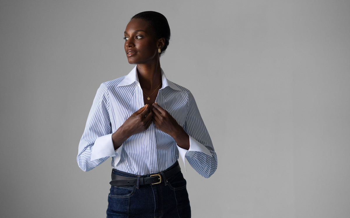 Camisa Madelena — Riscas azul-marinho | Popelina de algodão