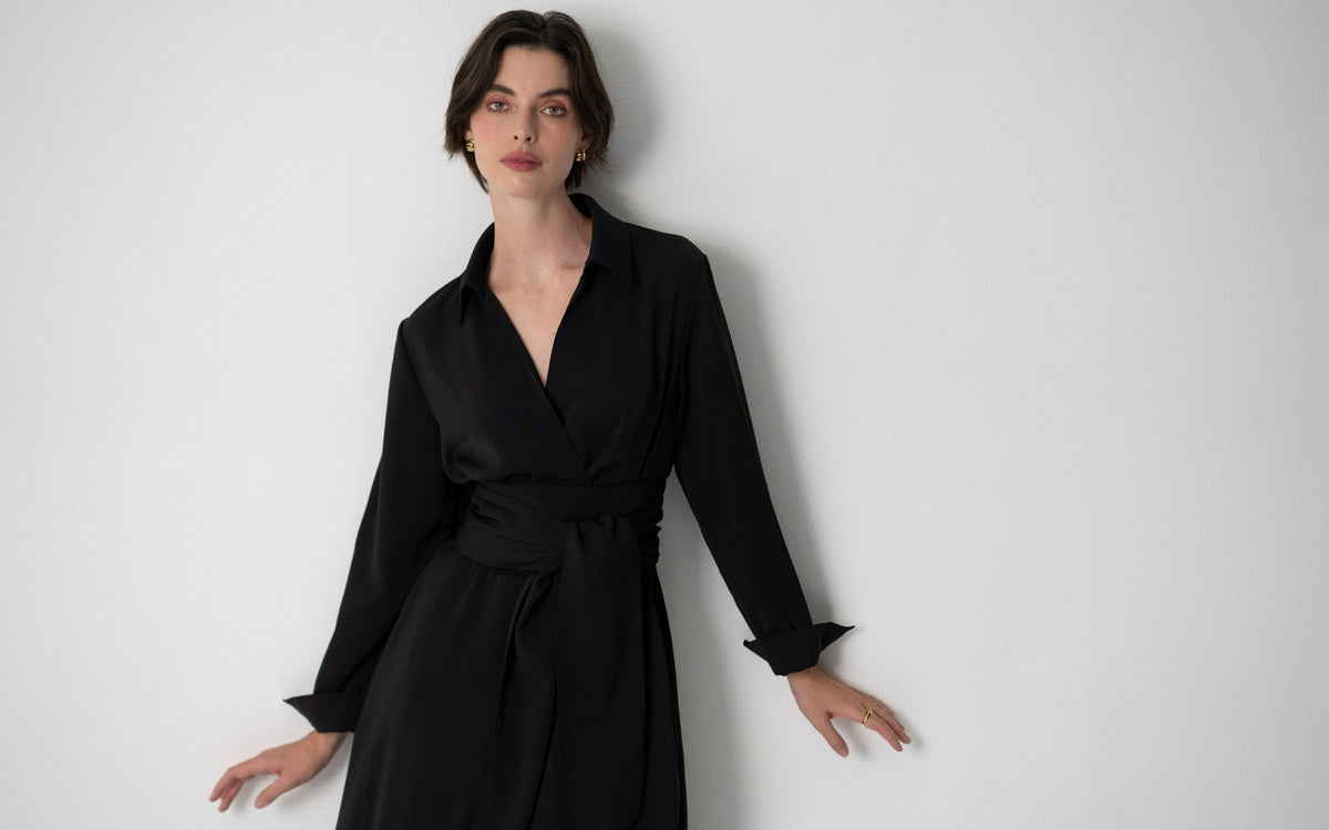 Vestido-camisa Christiane — Preta | Crepe triplo