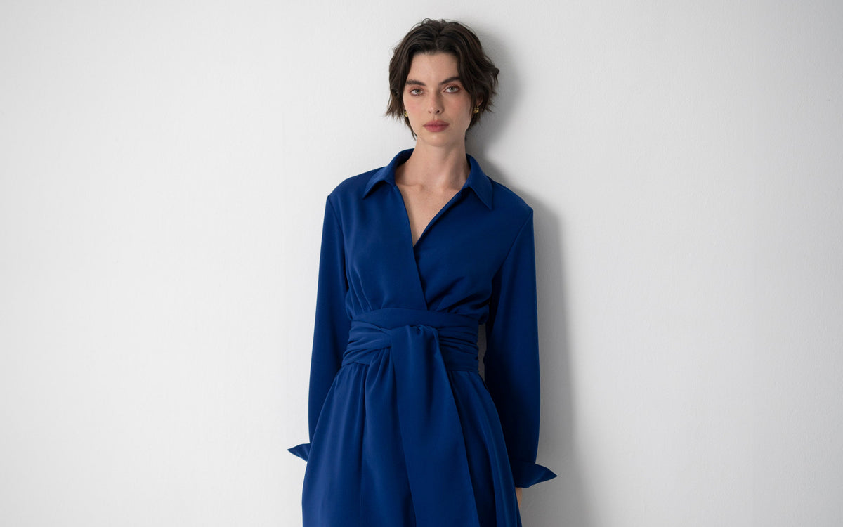 Vestido-camisa Christiane — Azul-safira | Crepe triplo