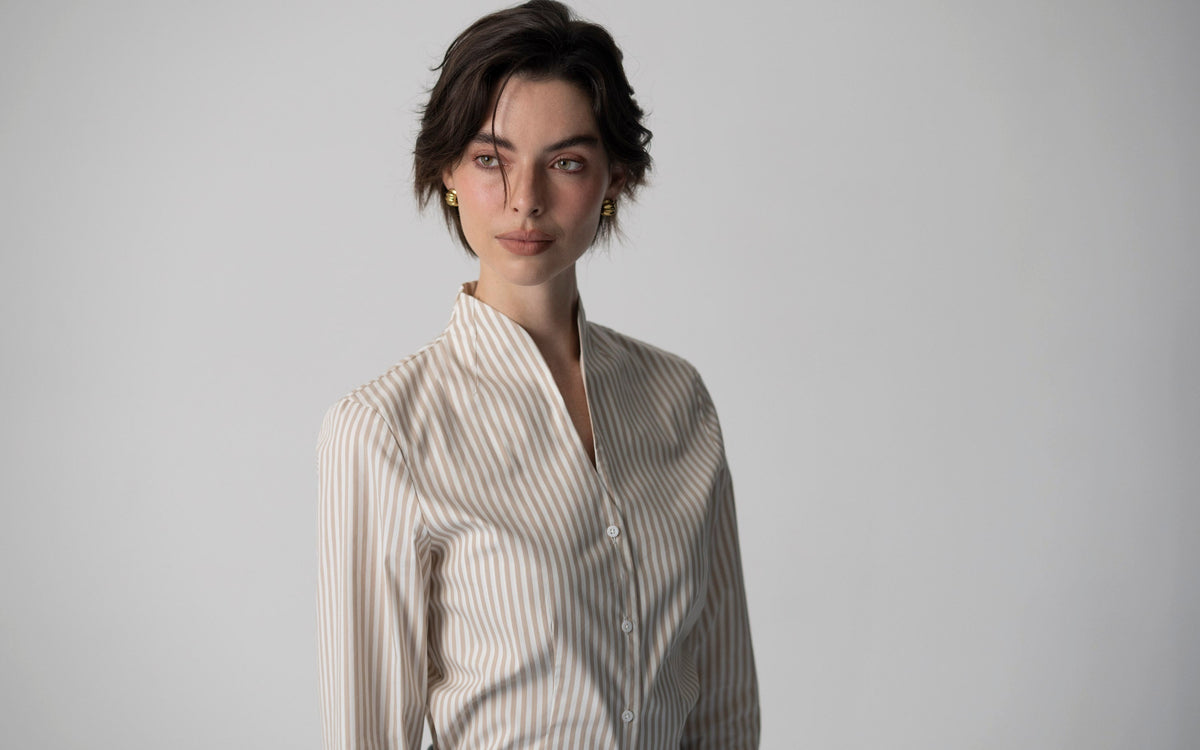 Camisa Aria — Riscas bege e creme | Popelina de algodão