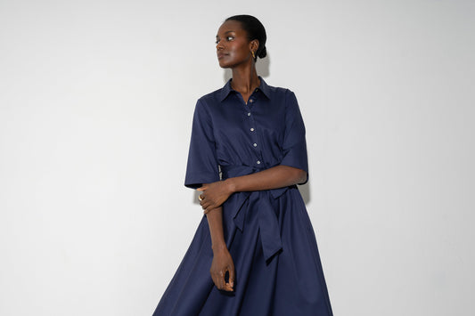 Vestido-camisa Le Marais — Azul-marinho | Cetim de algodão