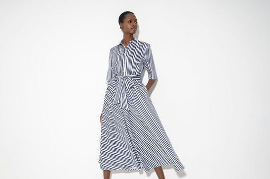 Vestido-camisa Le Marais — Riscas azul-marinho | Cetim de algodão